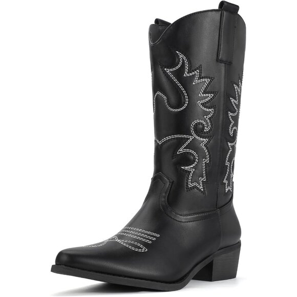 Women Black Manmade Material Mid Calf Embroidered Low Heel Pointed Toe Boots - Picture 1 of 6
